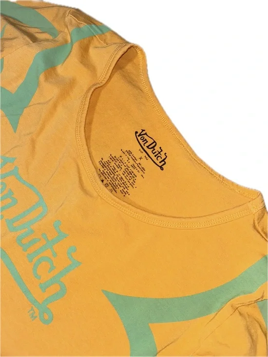 Von Dutch Cropped Yellow Orange Teal Tattoo Long Sleeve Scoop Neck Tee Shirt 1X - Picture 7 of 7